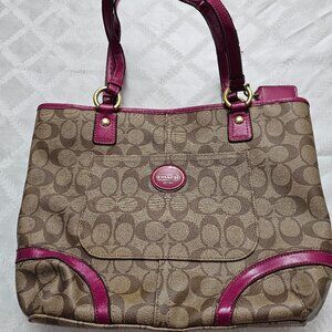 Coach Peyton Signature Tote Brown with Fuschia Leather Straps!